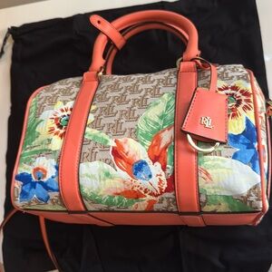 New Ralph Lauren Tan Peach Floral Resort Logo Tote Bag Purse. $325.
